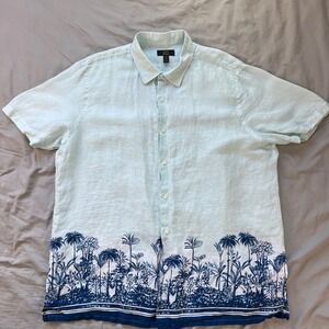 CLUB ROOM Luxury 100% Linen SS Shirt Mens XXL Button Tropical Print Blue White